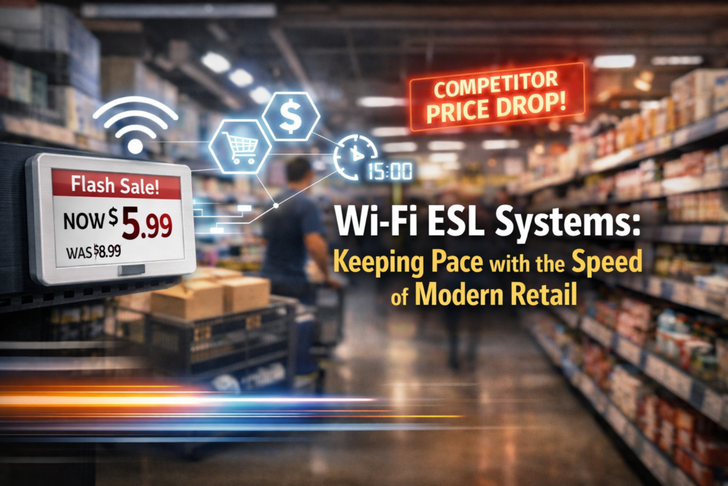 Modern supermarket aisle featuring a digital price tag and promotional graphics highlighting Wi-Fi ESL Systems, showcasing real-time price updates and fast-paced retail technology.