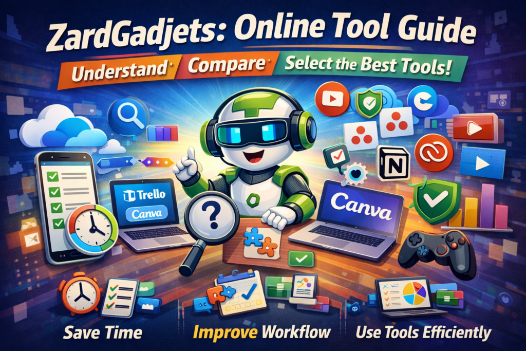 Feature image for ZardGadjets Specific Insights showing a robot mascot with laptops, productivity, communication, and design tool icons, highlighting how the Online Tool Guide Zardgadjets helps users save time, improve workflow, and use tools efficiently.