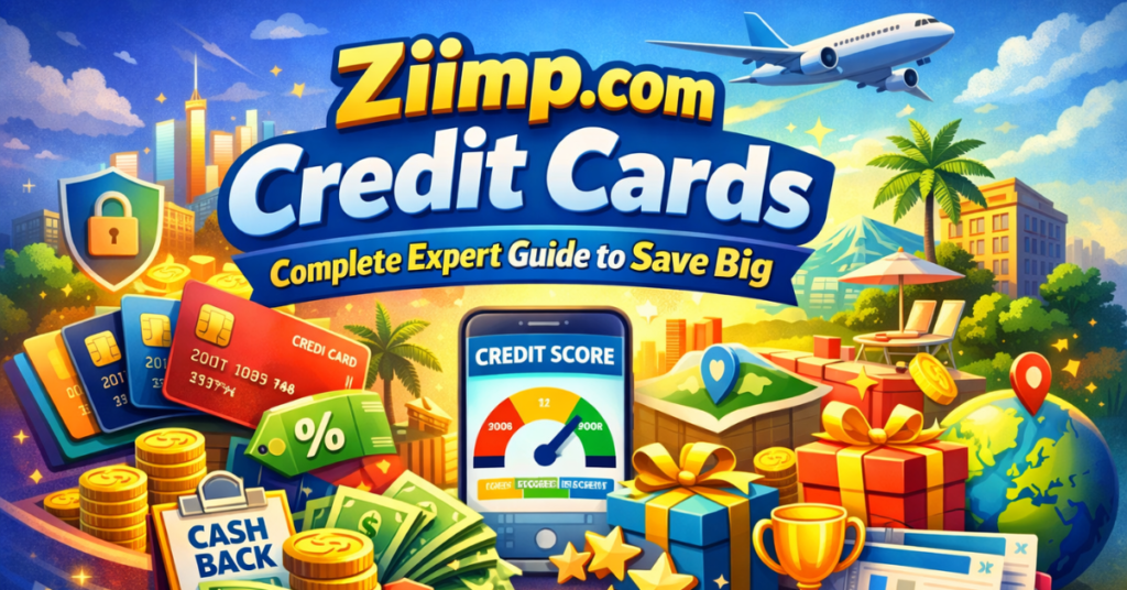 Ziimp .com Credit Cards illustration showing digital financial management, rewards, cashback, and modern credit card designs.