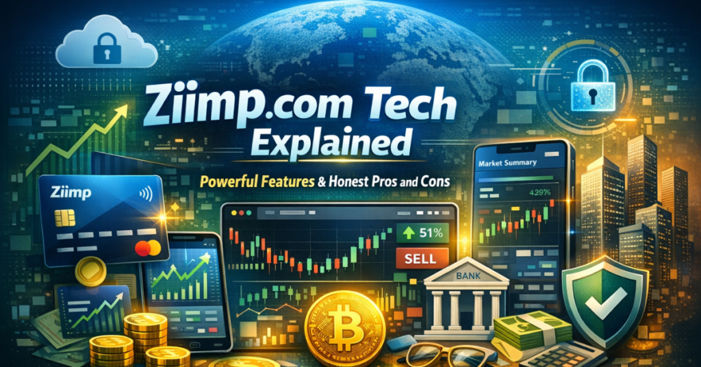 Ziimp .com Tech platform overview showing credit cards, trading dashboard, market charts, and financial security tools.