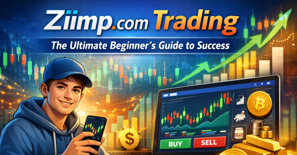Ziimp .com Trading beginner guide feature image showing online trading dashboard, stock and crypto charts, and modern investment tools for new traders.