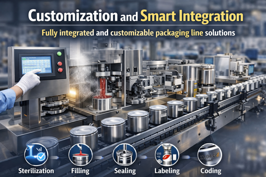 Modern Packaging Machines in a fully integrated production line, showing sterilization, filling, sealing, labeling, and coding processes controlled via touchscreen and PLC systems for smart, customizable packaging solutions.
