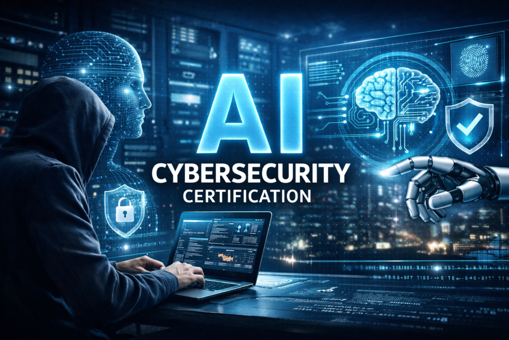 Professional securing AI systems with advanced tools, illustrating the importance of AI Cybersecurity Certification in protecting data and AI models.