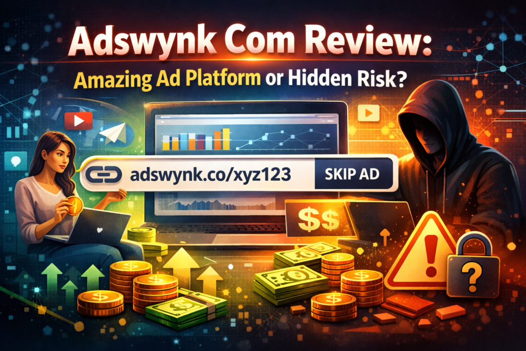 Adswynk Com review feature image showing link monetization dashboard, ad redirection, and online earning concept with risks and rewards.