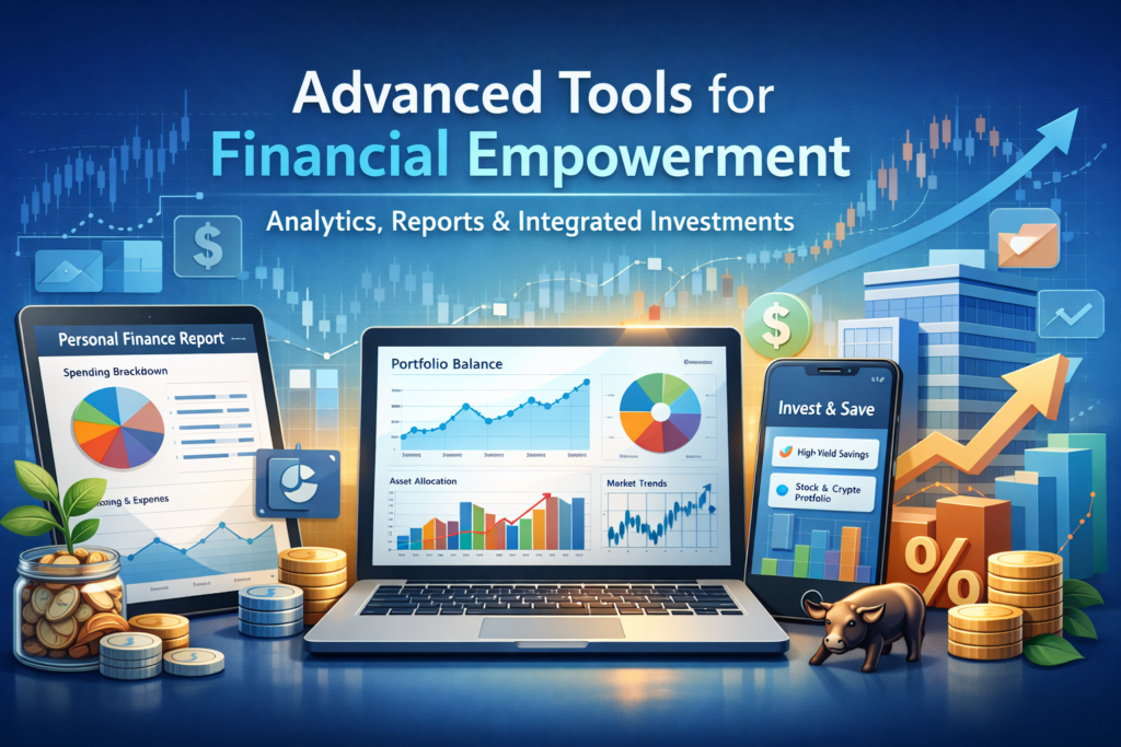 Advanced financial tools dashboard showing analytics reports, investment tracking, savings growth charts, and digital banking insights for personal and business finance.