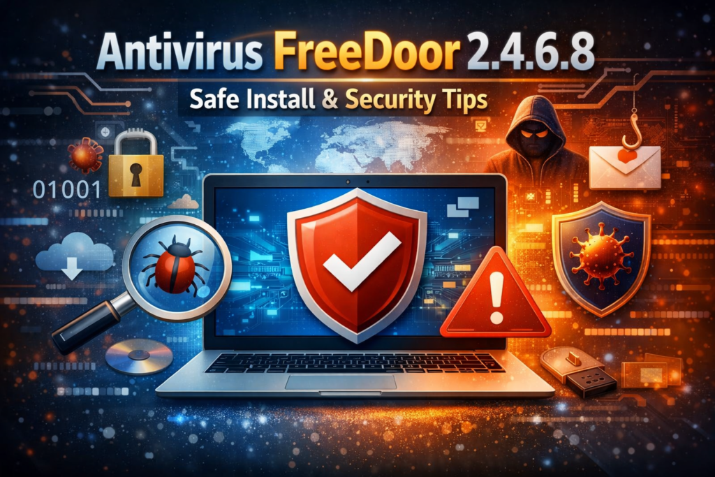 Antivirus Freedoor2.4.6.8 security dashboard on laptop showing malware protection shield and cybersecurity icons representing safe installation and digital threat protection.