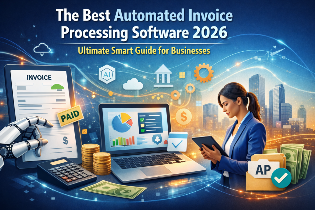 Automated Invoice Processing Software dashboard showing AI-powered finance automation, digital invoices, cloud accounting integration, and secure payment workflow management.