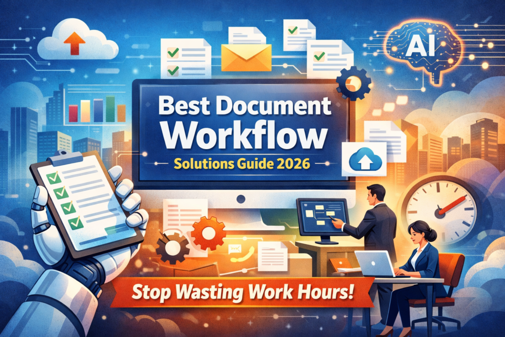 Modern business team using Document Workflow Solutions software on digital dashboard to automate document management and workflow processes.
