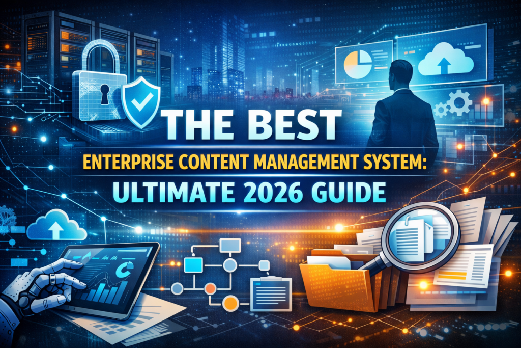 Futuristic digital illustration representing an Enterprise Content Management System with cloud storage, data security shield, workflow automation icons, analytics dashboard, and business document management in a 16:9 layout.