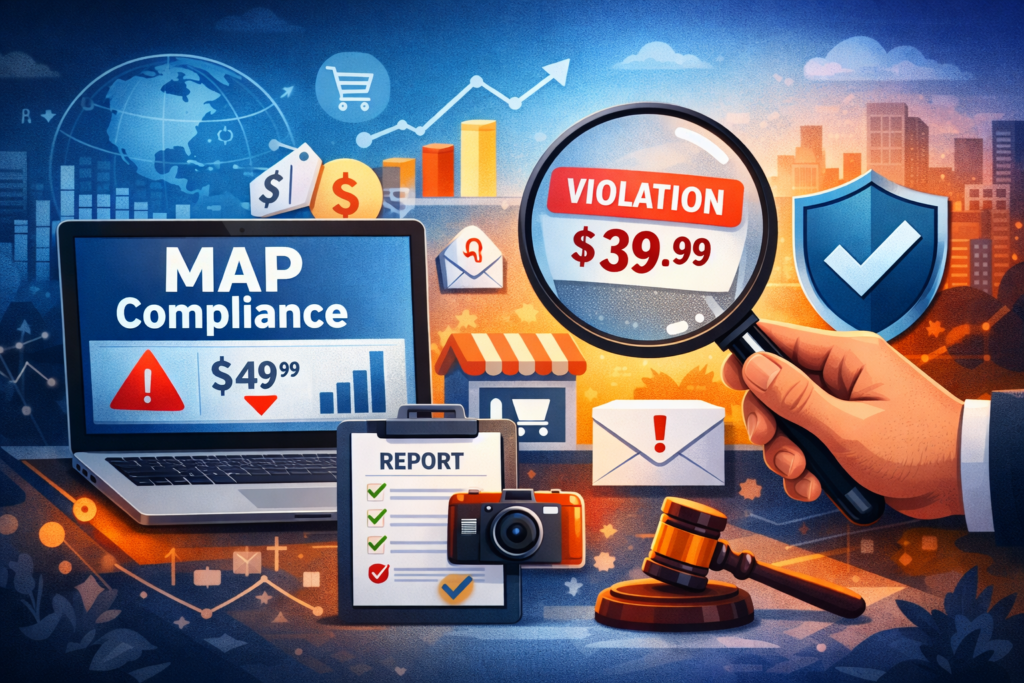 Illustration of MAP compliance software monitoring ecommerce pricing violations with dashboard analytics, price tracking, and marketplace compliance enforcement tools.