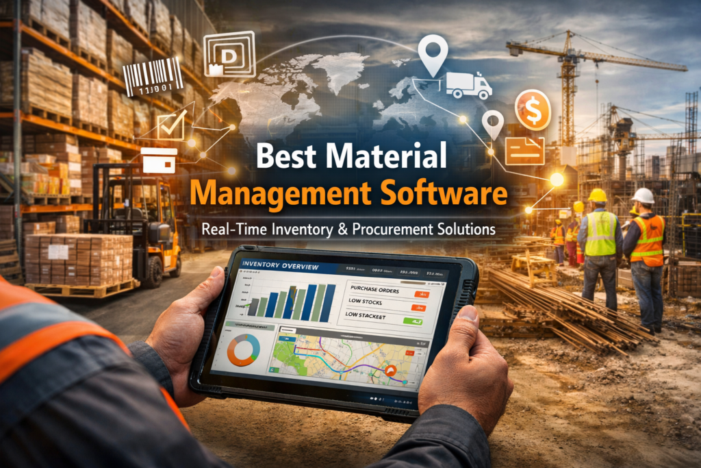 Best Material Management Software dashboard displayed on a tablet in a warehouse and construction site, showing real-time inventory tracking, stock levels, and procurement insights.