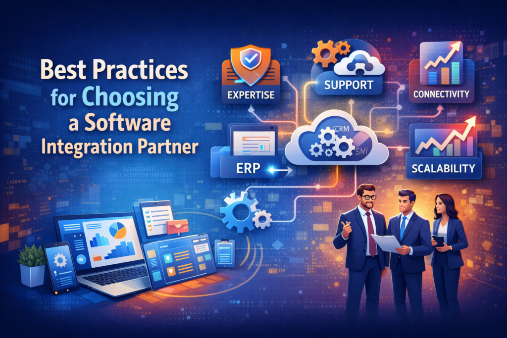 Software Integration Service partner selection illustration showing experts, ERP and CRM connectivity, support, scalability, and seamless platform integration