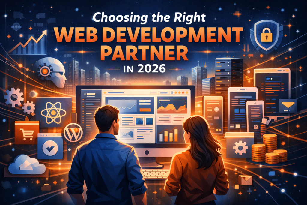 Futuristic illustration of professionals choosing web development services in 2026 with UI dashboards, cloud, security, and scalable technology elements in a digital cityscape.