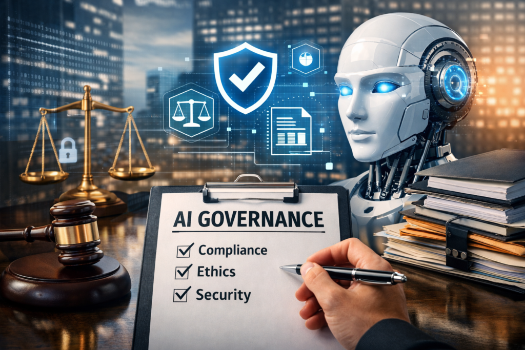Illustration of an AI Governance Framework showing a humanoid robot, legal symbols, and a compliance checklist representing ethics, security, and accountability in AI systems.