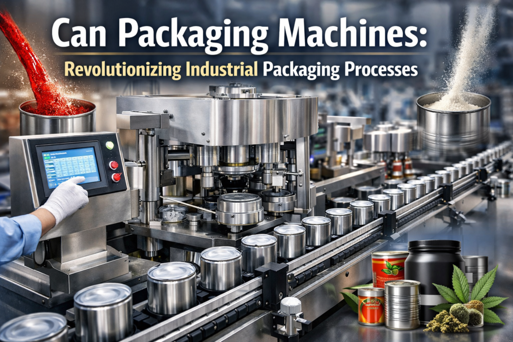 Advanced industrial Packaging Machines filling, sealing, and labeling cans on a conveyor line, showcasing automation and efficiency in modern manufacturing.