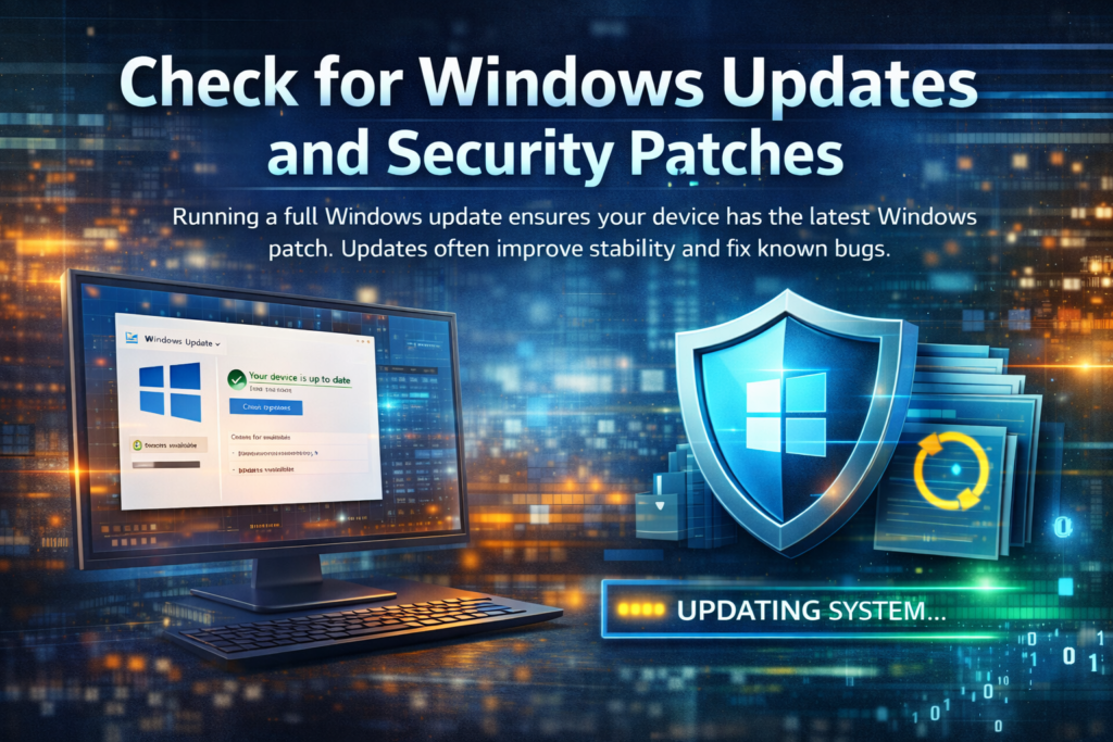 Feature image illustrating Windows Updates and Security Patches with a laptop showing update progress, shield security icon, gears, and system optimization concept in a blue tech background.