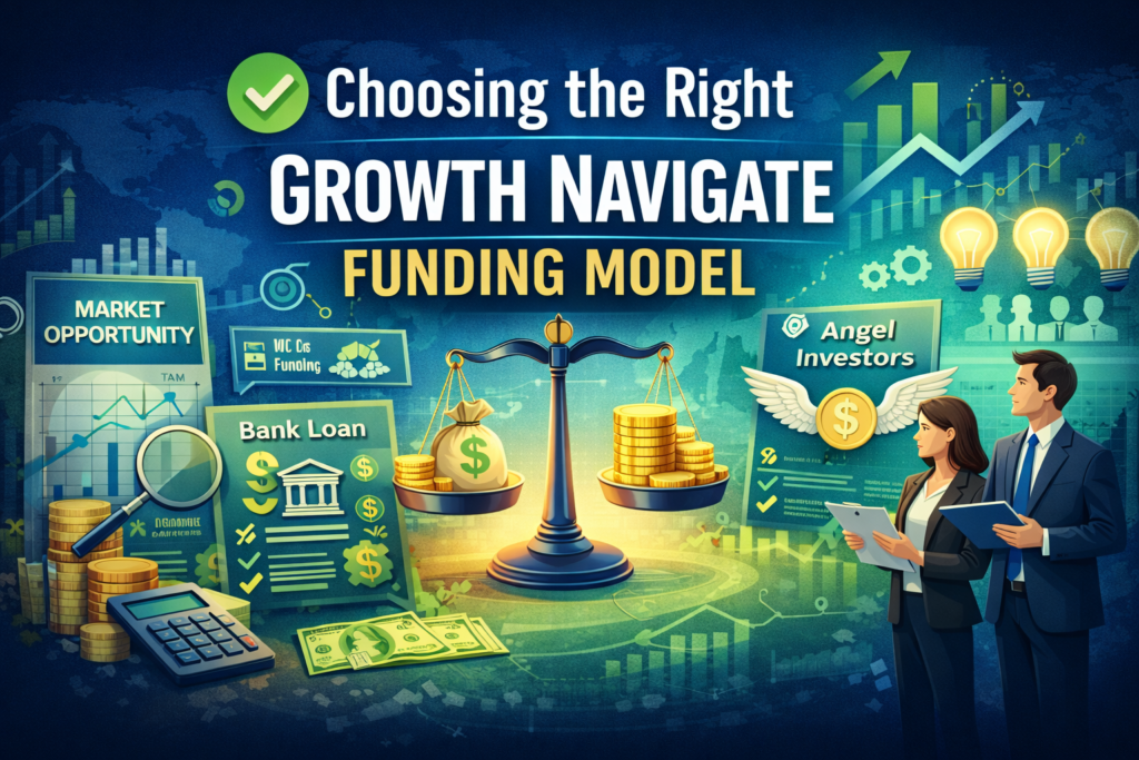 Choosing the Right Growth Navigate Funding Model feature image showing market opportunity charts, bank loan and angel investor options, balance scale with capital, and startup team analyzing growth metrics in 16:9 format.