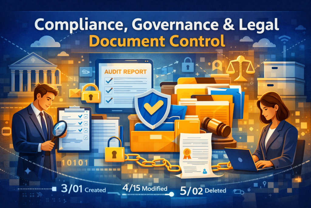 Illustration showing compliance, governance, and legal document control with audit report, secure document folders, chain-of-custody tracking, and professionals managing digital records on secure systems.