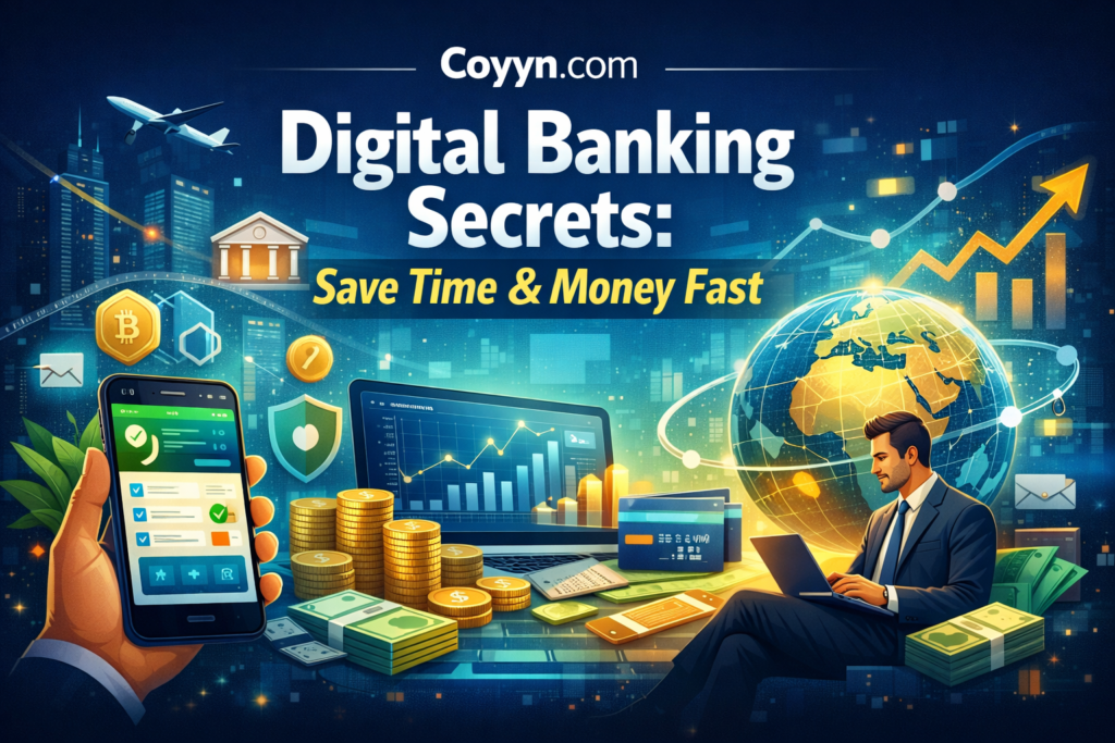Feature image for Coyyn.com Digital Banking Secrets: Save Time and Money Fast showing digital banking dashboard, smartphone finance app, coins, and global fintech analytics.