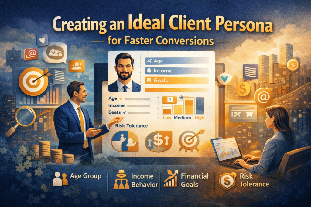 Financial advisor presenting ideal client persona profile with age, income behavior, financial goals, and risk tolerance data to improve marketing efficiency and increase faster client conversions.