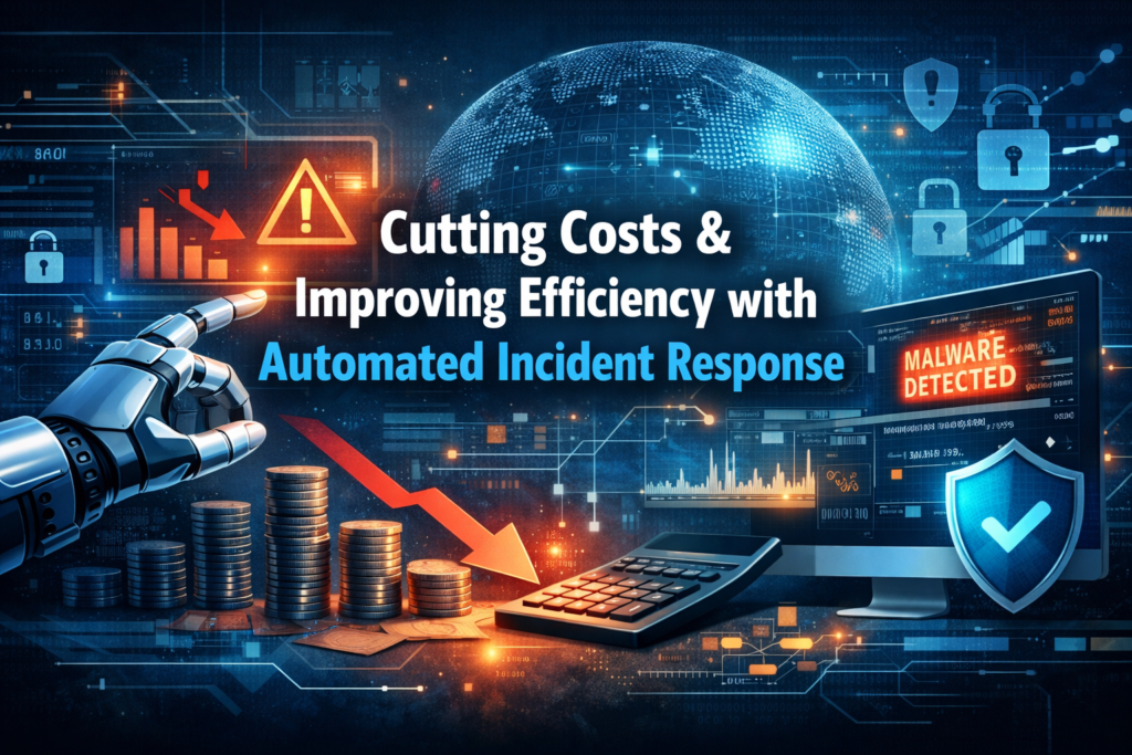 Automated incident response cybersecurity concept showing AI security system detecting malware, protecting networks, and reducing operational costs.