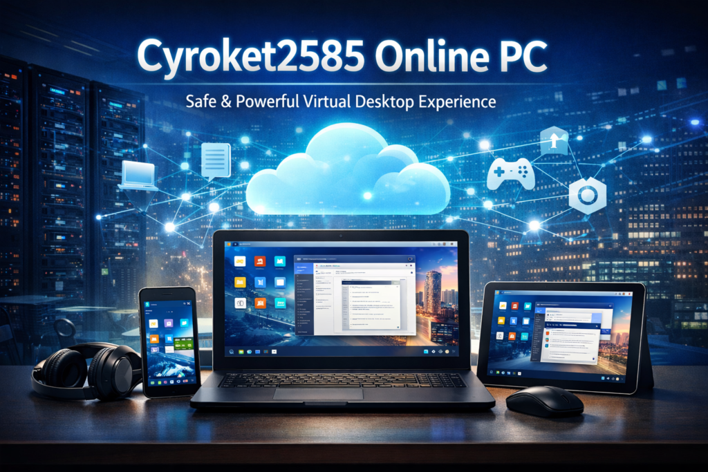 Cyroket2585 Online PC virtual desktop displayed across laptop, tablet, and smartphone with cloud computing network background.