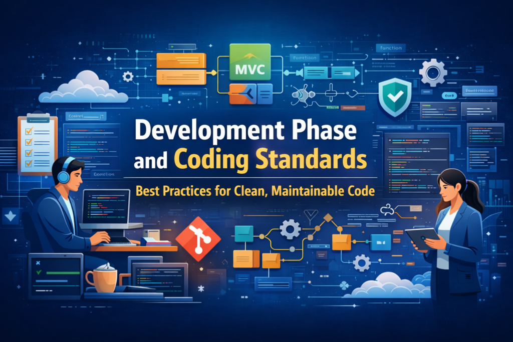 “Development phase and coding standards illustration showing Git version control, MVC architecture, and clean maintainable code practices.”
