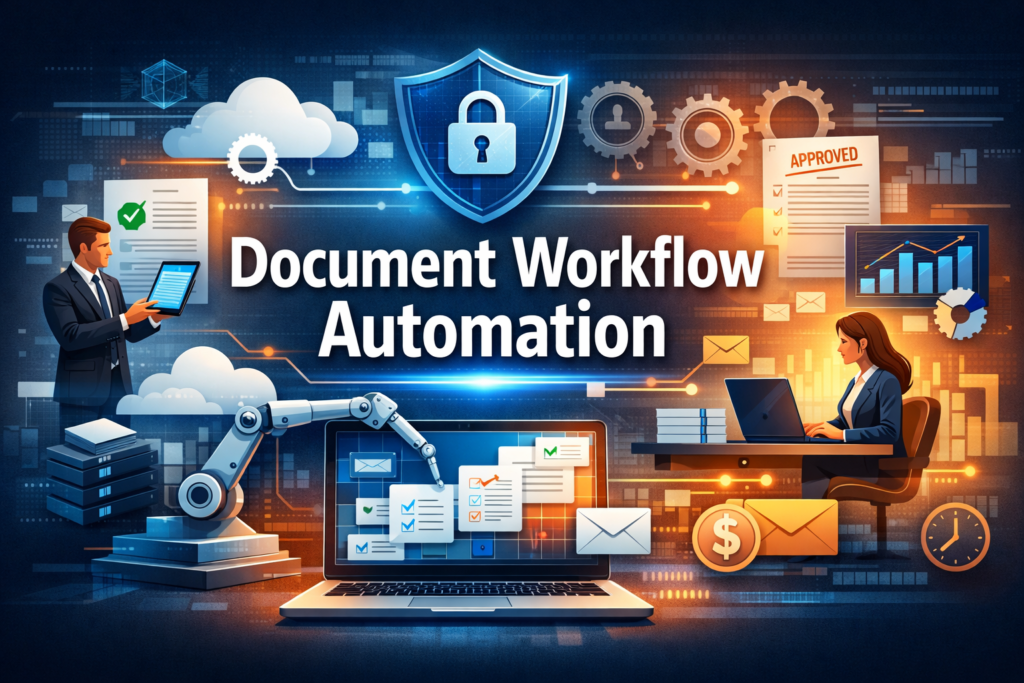 Document Workflow Automation system dashboard showing automated approval process, digital document flow, cloud integration, and business process management visualization.