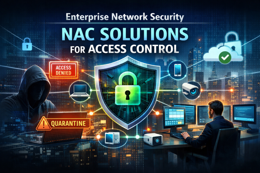 Enterprise Network Security concept showing NAC solutions with a shield and padlock, devices connecting securely, an IT professional monitoring the network, and threats blocked in the background.