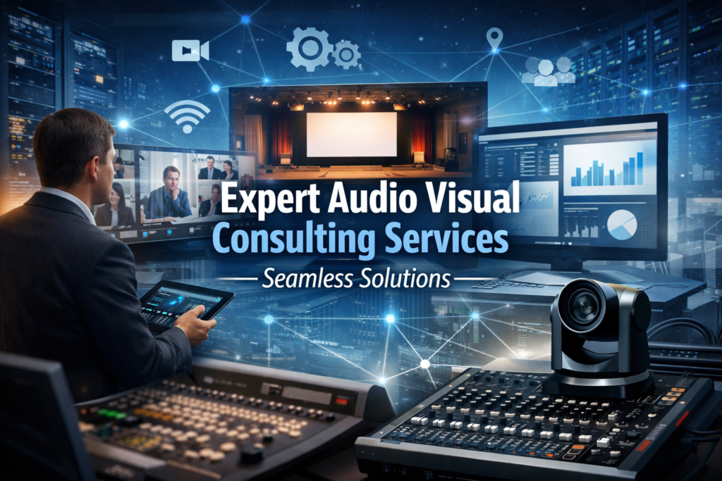 Professional Audio Visual Consulting Services concept showing AV control room, video conferencing screens, mixing console, and networked digital communication technology.