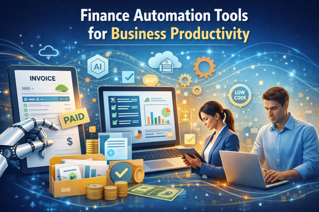 Finance automation tools for business productivity showing AI-powered invoice workflow, low code automation, digital accounting dashboard, and automated approval process system.