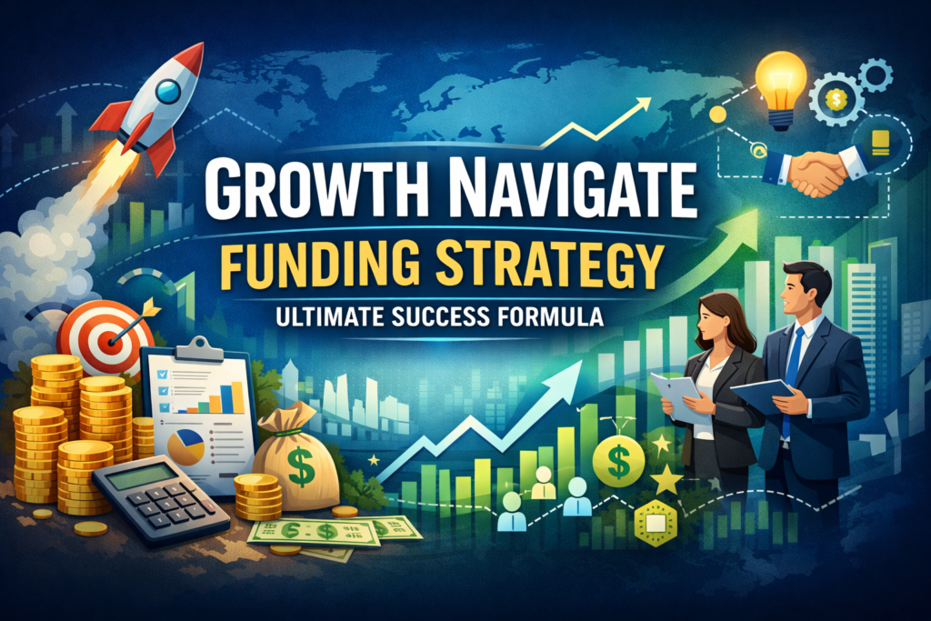 Growth Navigate Funding strategy illustration showing rocket growth, financial charts, investors handshake, capital planning icons, and upward business expansion graph in 16:9 format.