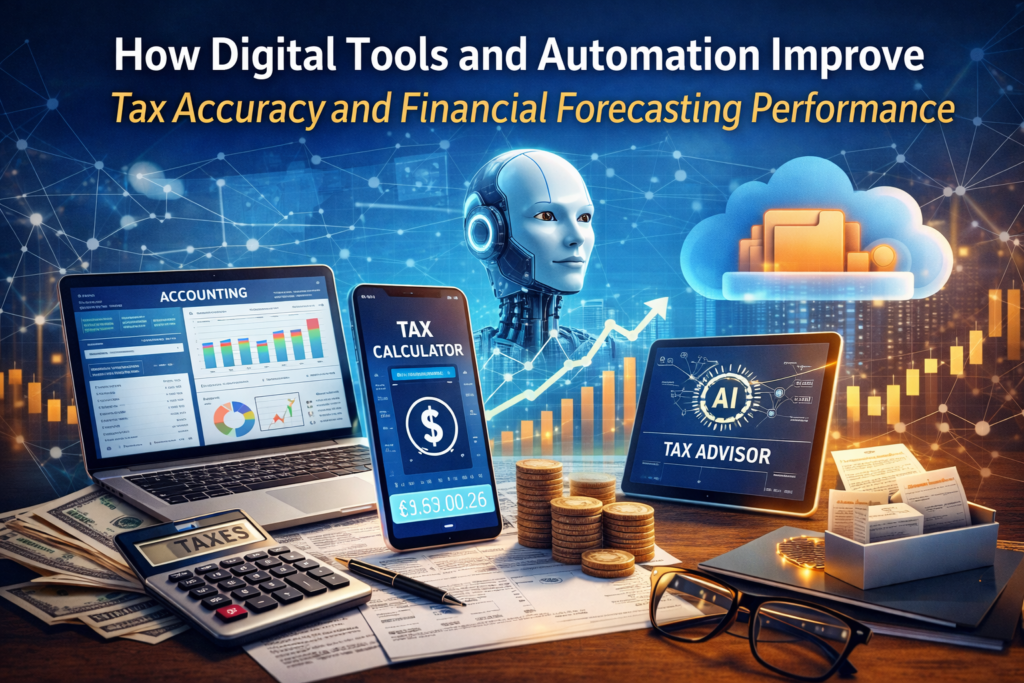 Digital tools and automation for tax accuracy showing accounting software dashboard, AI analytics charts, cloud filing system, and financial forecasting graphs on a modern workspace.