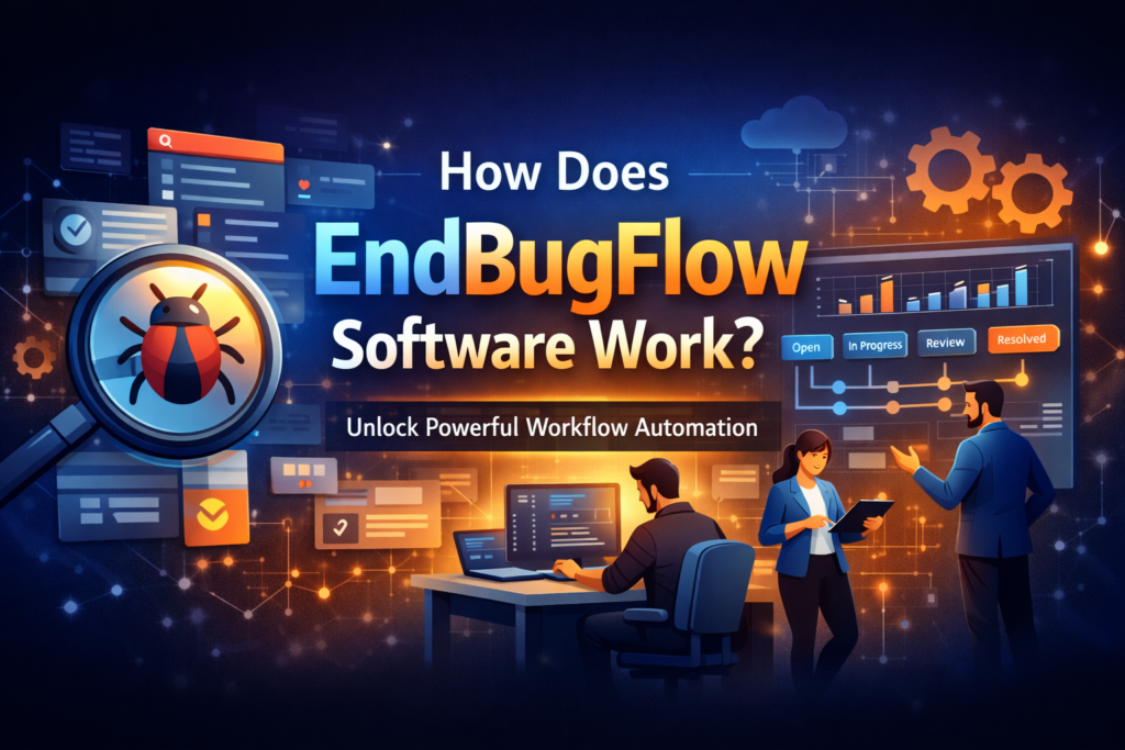 Illustration showing workflow automation and bug tracking for software teams, highlighting how does EndBugFlow software work with dashboards, charts, and team collaboration.