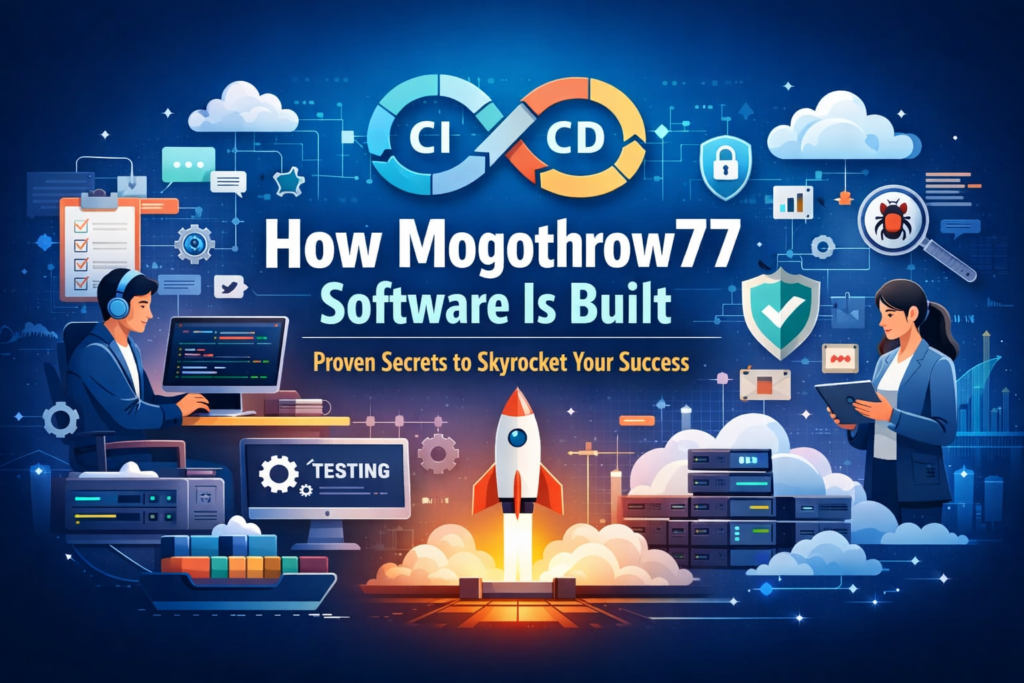 Illustration explaining How Mogothrow77 Software Is Built, showing developers, CI/CD pipeline, testing systems, cloud servers, and a rocket launch symbolizing software development success.