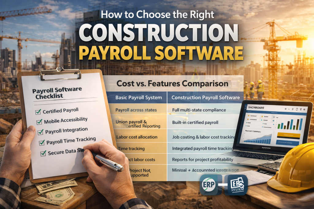Construction Payroll Software comparison image showing checklist, cost vs features table, ERP integration, and payroll dashboard on a construction site background.