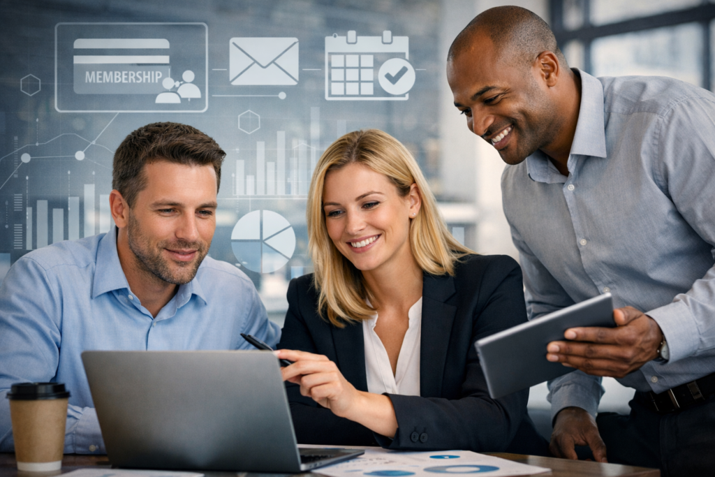 Chamber staff collaborating efficiently using Chamber of Commerce Management Software on laptops and digital dashboards to manage membership, events, and communications.