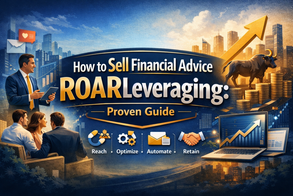 Professional financial advisor presenting digital growth strategy dashboard illustrating How to Sell Financial Advice Roarleveraging using trust building, automation, and client acquisition funnel strategy.