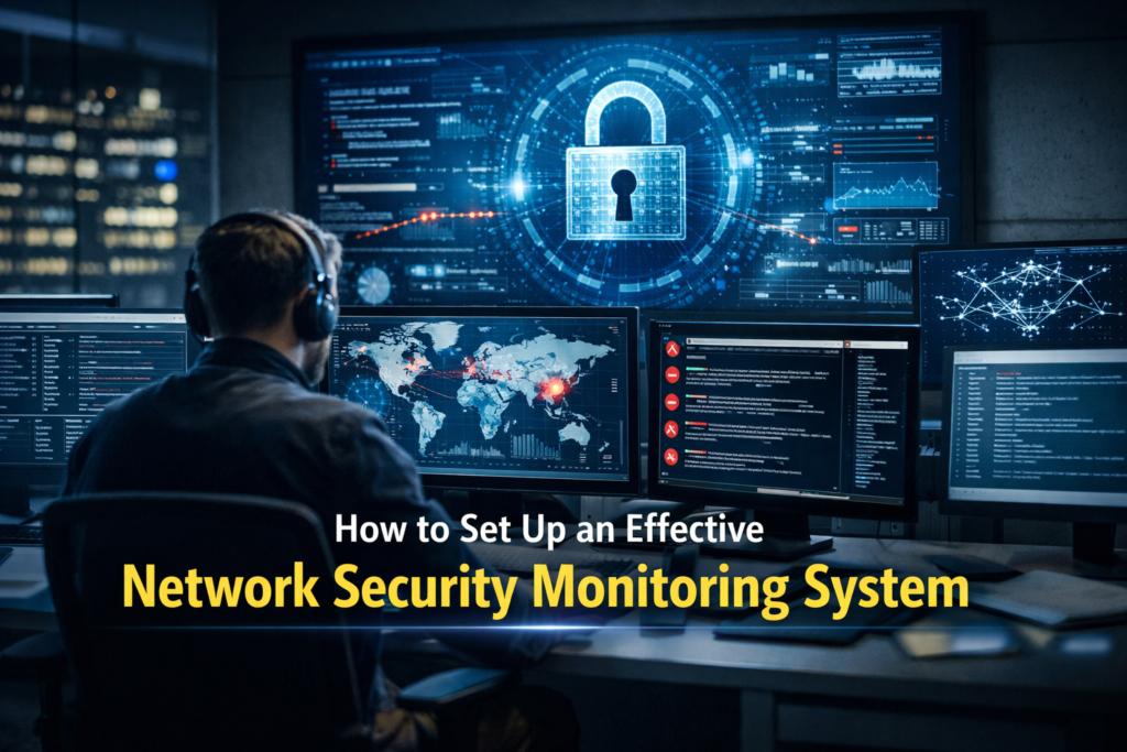 Realistic cybersecurity analyst monitoring multiple screens with network data and alerts for Network Security Monitoring system.