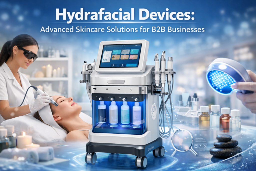Hydrafacial Device: Advanced Skincare Solutions for B2B Businesses – professional hydrodermabrasion machine performing facial treatment in a modern spa clinic setting with LED therapy and serum infusion system.