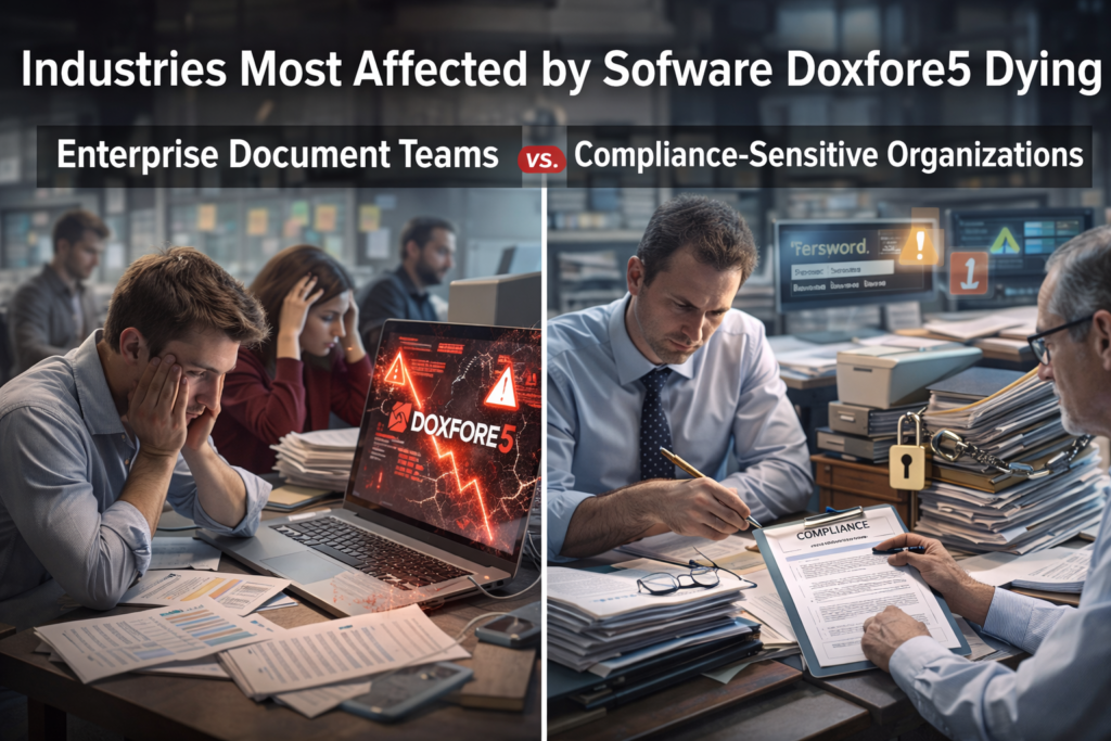 Industries most affected by Sofware Doxfore5 Dying showing enterprise document teams and compliance organizations facing document workflow errors and software instability.