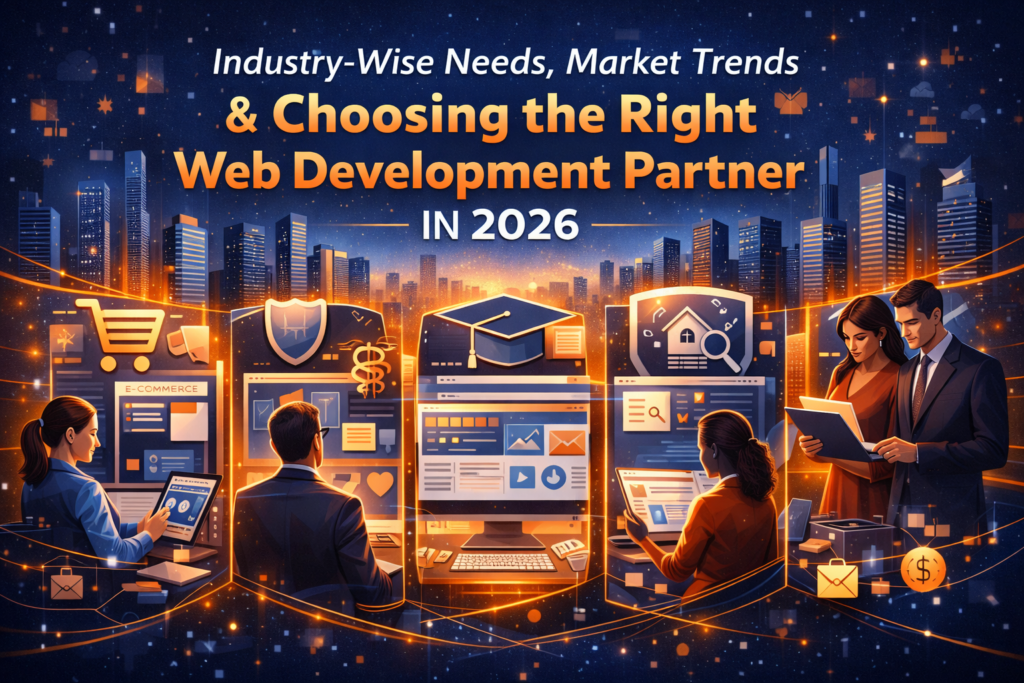 Illustration showing industry-specific web development services in 2026, highlighting e-commerce, healthcare, finance, education, and real estate with modern dashboards and digital workflows.