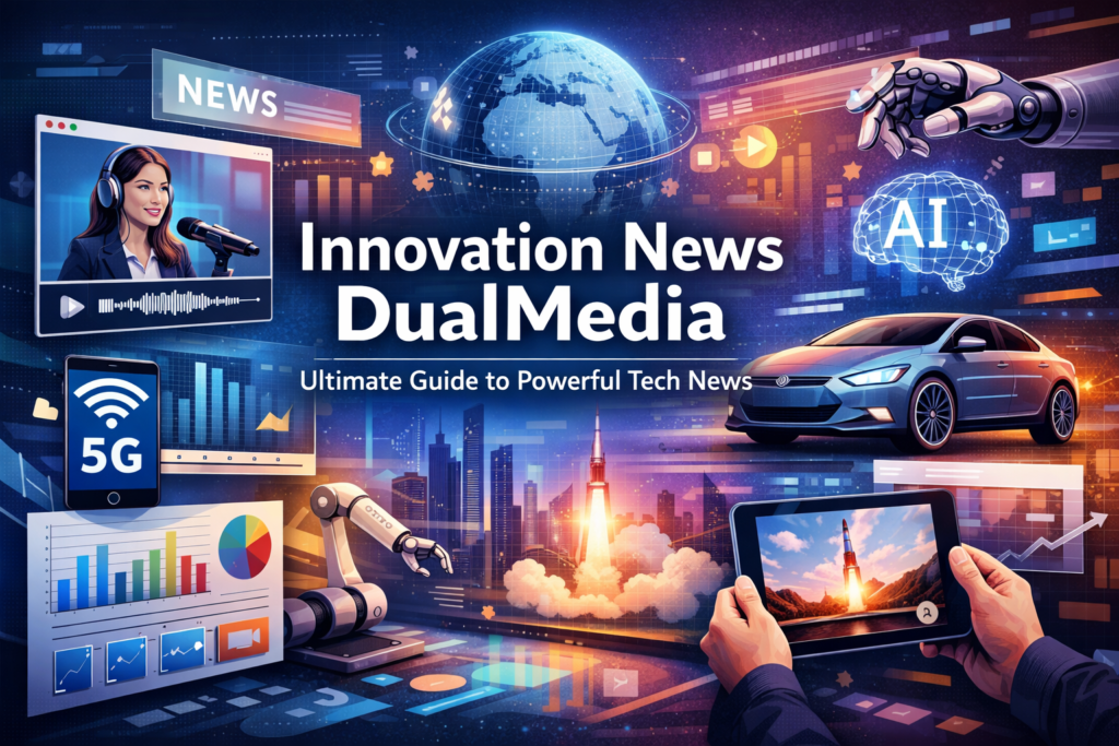 Innovation News DualMedia concept showing AI, 5G, robotics, and multimedia tech journalism visuals on a modern digital news platform.