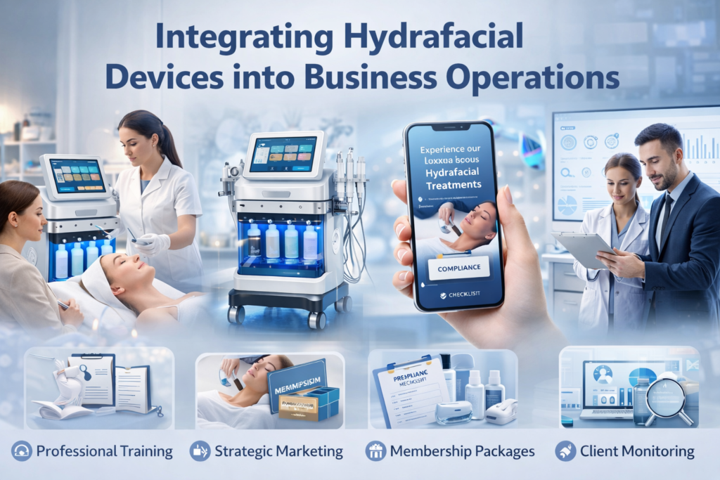 16:9 feature image showing Integrating Hydrafacial Devices into Business Operations with professional staff training, marketing strategy, membership programs, compliance management, and client monitoring in a modern skincare clinic setting.