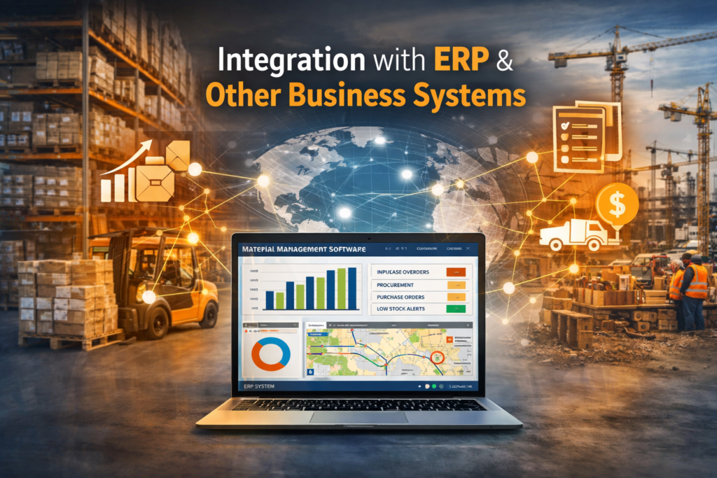 Integration with ERP and other business systems shown through a centralized dashboard connecting inventory, procurement, warehouse, and logistics for real-time material management insights.