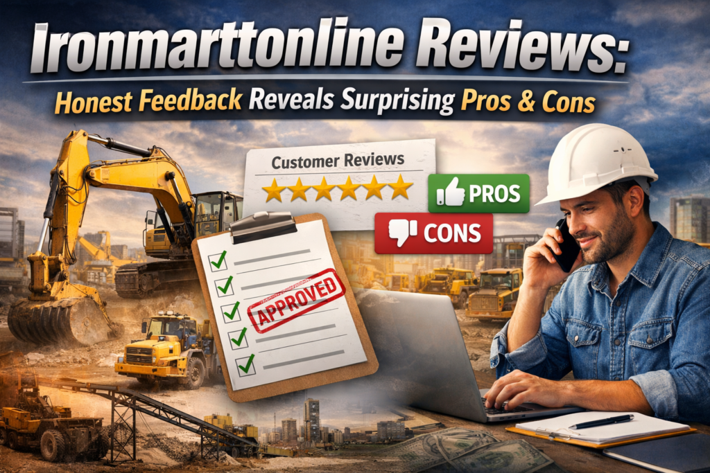 Ironmartonline Reviews: Buyers and sellers interacting on a digital heavy machinery marketplace with cranes, trucks, and equipment, highlighting ratings and professional transactions.