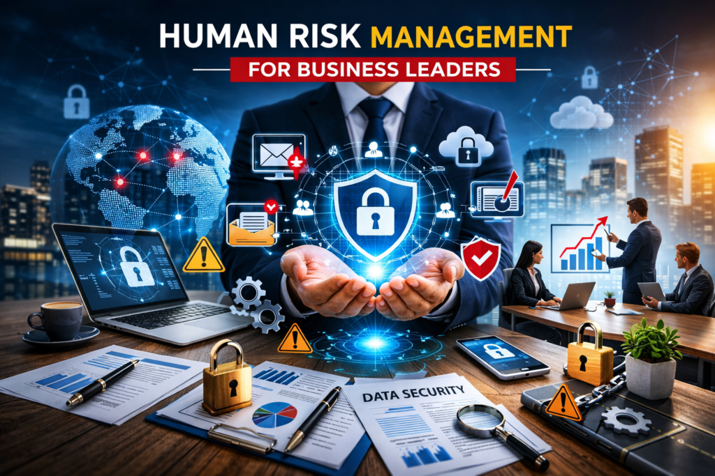 Human Risk Management concept showing a businessman holding a glowing digital shield, with laptops, charts, and cybersecurity icons emphasizing data protection and office security