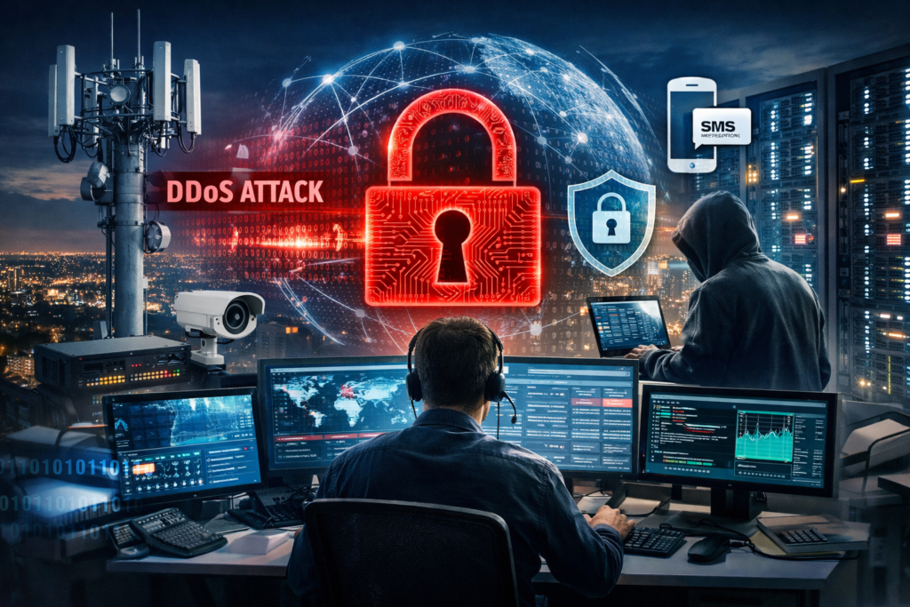 Realistic telecom infrastructure monitoring center showing cybersecurity analysts protecting global communications systems and defending against cyber threats in Telecom Network Security networks.
