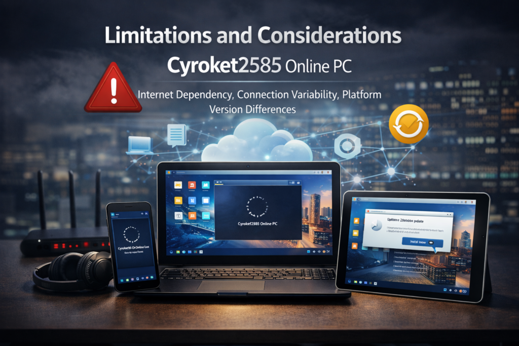 Cyroket2585 Online PC showing internet dependency and connection issues on laptop, tablet, and smartphone in a browser-based virtual desktop environment.