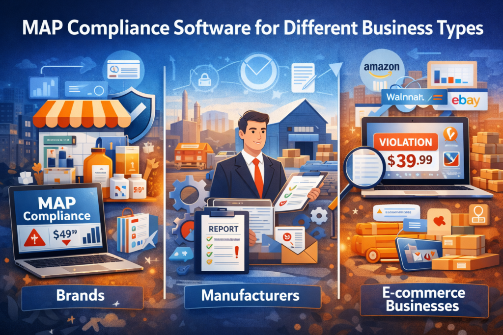 Visual showing MAP compliance software helping brands, manufacturers, and e-commerce businesses monitor pricing, detect violations, and enforce MAP policies across online marketplaces.